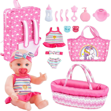 Load image into Gallery viewer, Baby Doll Bassinet Bed Backpack Playset includes a Plastic baby doll, doll bassinet, backpack, handbag, doll clothes, feeding plate, toy bell and more for 3 4 5 6+ Year Old Kids Girls