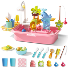 Load image into Gallery viewer, Pretend Play Kitchen Sink with Real Running Water -4-in-1 Water Play Table, Floating Pool, Fishing & Duck Slide Game - Interactive Washing Up Toy for Toddlers & Kids (Blue