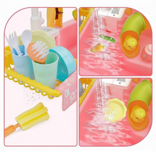 Load image into Gallery viewer, Pretend Play Kitchen Sink with Real Running Water -4-in-1 Water Play Table, Floating Pool, Fishing & Duck Slide Game - Interactive Washing Up Toy for Toddlers & Kids (Blue