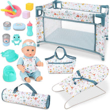Load image into Gallery viewer, 4‑in‑1 Baby Doll Playset with 12" Doll, Crib, Rocking Chair & Storage Bags – Complete Baby Care Nursery Set with Accessories – Pretend Play Toy for Kids Ages 3+