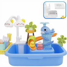 Load image into Gallery viewer, Pretend Play Kitchen Sink with Real Running Water -4-in-1 Water Play Table, Floating Pool, Fishing & Duck Slide Game - Interactive Washing Up Toy for Toddlers & Kids (Blue