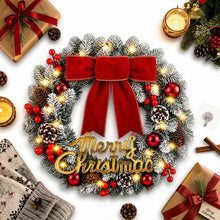 Load image into Gallery viewer, Christmas Wreath Decoration with LED Lights, Pinecones, Red Berries & Velvet Bow – Indoor/Outdoor Use