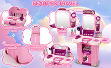 Load image into Gallery viewer, Kids Beauty Vanity Set with Suitcase Dressing Table Hair Salon Pretend Makeup & Hairdressing Toy Set Portable Dressing Table Princess Dress Up Playset Gift Toddler