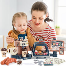Load image into Gallery viewer, Pretend Kitchen Play Store Coffee Playset Toddlers Coffee Maker Play Set Dessert Shopping with Coffee Machine Cash Registers Toy Kids Age 3+