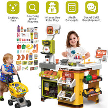 Load image into Gallery viewer, 65PCS Supermarket Cart Toys Play Set Role Play Cash Register Pretend Interactive Grocery Stand Store Simulate Light Music and Smoking for Kids