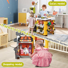 Load image into Gallery viewer, 65PCS Supermarket Cart Toys Play Set Role Play Cash Register Pretend Interactive Grocery Stand Store Simulate Light Music and Smoking for Kids