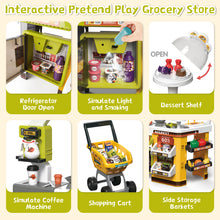 Load image into Gallery viewer, 65PCS Supermarket Cart Toys Play Set Role Play Cash Register Pretend Interactive Grocery Stand Store Simulate Light Music and Smoking for Kids