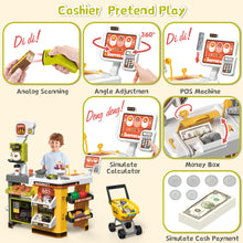 Load image into Gallery viewer, 65PCS Supermarket Cart Toys Play Set Role Play Cash Register Pretend Interactive Grocery Stand Store Simulate Light Music and Smoking for Kids