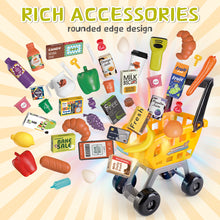 Load image into Gallery viewer, 65PCS Supermarket Cart Toys Play Set Role Play Cash Register Pretend Interactive Grocery Stand Store Simulate Light Music and Smoking for Kids