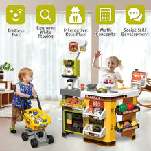 Load image into Gallery viewer, 65PCS Supermarket Cart Toys Play Set Role Play Cash Register Pretend Interactive Grocery Stand Store Simulate Light Music and Smoking for Kids