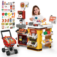 Load image into Gallery viewer, 65 PCS Grocery Store Playset Pretend Supermarket Playset for Kids w/ Shopping Cart Cash Register Play Food Accessories Christmas Birthday Gift