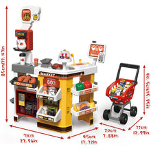 Load image into Gallery viewer, 65 PCS Grocery Store Playset Pretend Supermarket Playset for Kids w/ Shopping Cart Cash Register Play Food Accessories Christmas Birthday Gift