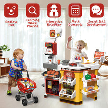 Load image into Gallery viewer, 65 PCS Grocery Store Playset Pretend Supermarket Playset for Kids w/ Shopping Cart Cash Register Play Food Accessories Christmas Birthday Gift