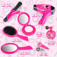 Load image into Gallery viewer, Hairdressing and Vanity Handbag Beauty Set Girls Styling Pretend Makeup and Hair Accessories Playset Including Hairdryer Toy and Curlers