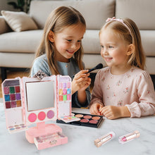 Load image into Gallery viewer, Kids Pink Beauty Make-Up Dresser Set – Foldable Vanity with Mirror, Light-Up Music, and Complete Makeup Accessories for Girls, Perfect for Pretend Play and Role-Playing Fun, Gift for Ages 3+
