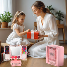 Load image into Gallery viewer, Kids Pink Beauty Make-Up Dresser Set – Foldable Vanity with Mirror, Light-Up Music, and Complete Makeup Accessories for Girls, Perfect for Pretend Play and Role-Playing Fun, Gift for Ages 3+
