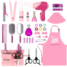 Load image into Gallery viewer, Comprehensive Hair Beauty Stylist Toy Set 32PCS Pretend Play Salon Kit for Kids 3+ includes a shawl, tool bag, hair stylist apron, hair dryer, straightener, curler, scissors, clippers, comb, mirror, hairspray, hair clips, perfume bottle, and more
