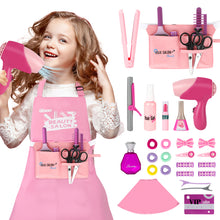 Load image into Gallery viewer, Comprehensive Hair Beauty Stylist Toy Set 32PCS Pretend Play Salon Kit for Kids 3+ includes a shawl, tool bag, hair stylist apron, hair dryer, straightener, curler, scissors, clippers, comb, mirror, hairspray, hair clips, perfume bottle, and more