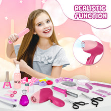 Load image into Gallery viewer, Comprehensive Hair Beauty Stylist Toy Set 32PCS Pretend Play Salon Kit for Kids 3+ includes a shawl, tool bag, hair stylist apron, hair dryer, straightener, curler, scissors, clippers, comb, mirror, hairspray, hair clips, perfume bottle, and more