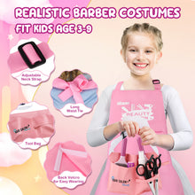 Load image into Gallery viewer, Comprehensive Hair Beauty Stylist Toy Set 32PCS Pretend Play Salon Kit for Kids 3+ includes a shawl, tool bag, hair stylist apron, hair dryer, straightener, curler, scissors, clippers, comb, mirror, hairspray, hair clips, perfume bottle, and more