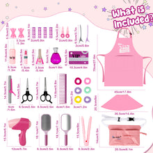 Load image into Gallery viewer, Comprehensive Hair Beauty Stylist Toy Set 32PCS Pretend Play Salon Kit for Kids 3+ includes a shawl, tool bag, hair stylist apron, hair dryer, straightener, curler, scissors, clippers, comb, mirror, hairspray, hair clips, perfume bottle, and more