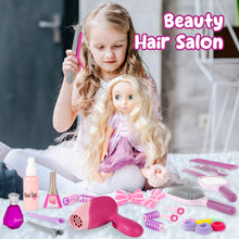 Load image into Gallery viewer, Comprehensive Hair Beauty Stylist Toy Set 32PCS Pretend Play Salon Kit for Kids 3+ includes a shawl, tool bag, hair stylist apron, hair dryer, straightener, curler, scissors, clippers, comb, mirror, hairspray, hair clips, perfume bottle, and more