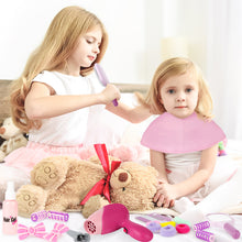 Load image into Gallery viewer, Comprehensive Hair Beauty Stylist Toy Set 32PCS Pretend Play Salon Kit for Kids 3+ includes a shawl, tool bag, hair stylist apron, hair dryer, straightener, curler, scissors, clippers, comb, mirror, hairspray, hair clips, perfume bottle, and more