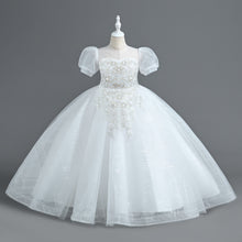 Load image into Gallery viewer, Girls Long Bubble Sleeve Sweet and Cute Long Mesh Fluffy Dress Wedding Flower Girl Costume Sequin Embroidered Tiered Puffy Tulle Princess Dress