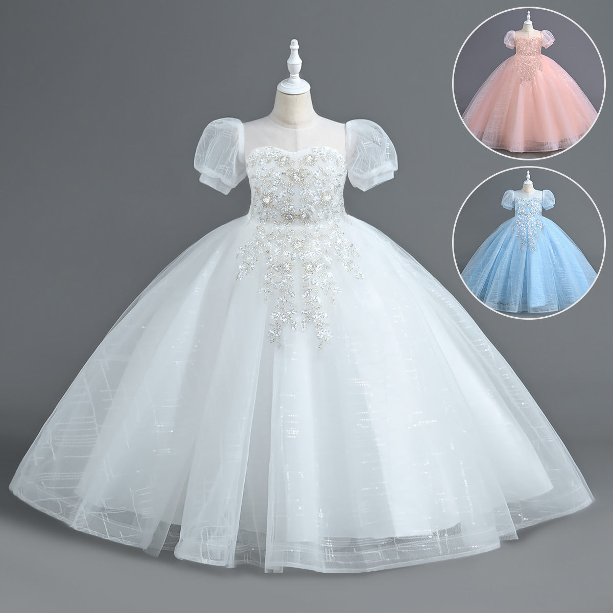 Girls Long Bubble Sleeve Sweet and Cute Long Mesh Fluffy Dress Wedding