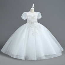 Load image into Gallery viewer, Girls Long Bubble Sleeve Sweet and Cute Long Mesh Fluffy Dress Wedding Flower Girl Costume Sequin Embroidered Tiered Puffy Tulle Princess Dress