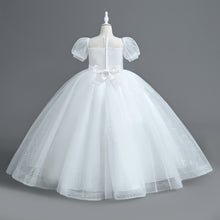 Load image into Gallery viewer, Girls Long Bubble Sleeve Sweet and Cute Long Mesh Fluffy Dress Wedding Flower Girl Costume Sequin Embroidered Tiered Puffy Tulle Princess Dress