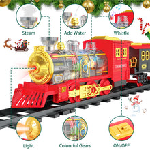 Load image into Gallery viewer, Electric Christmas Train Set with Deformable Carriage 4 Random Alloy Cars Sound Smoke and Cool Light Christmas Tree Train Gift for Kids