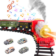 Load image into Gallery viewer, Electric Christmas Train Set with Deformable Carriage 4 Random Alloy Cars Sound Smoke and Cool Light Christmas Tree Train Gift for Kids