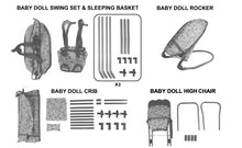 Load image into Gallery viewer, Kids Deluxe 5 -in-1 Baby Doll Pretend Play Set with Cot Bed Bouncer Adjustable Swing Seat and High Chair Accessories (Doll Not Included)