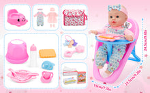 Load image into Gallery viewer, 12-inch Baby Doll Feeding Play Set with Stroller High Chair, Feeding Set, Clothes, Storage Bag, Complete Nursery Kit Pretend Play Set Gift for Kids 3+