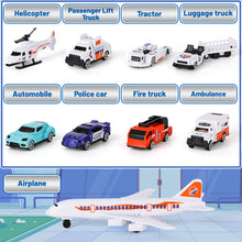 Load image into Gallery viewer, Interactive Aircraft Play Set for Kids with Big Battle Map Trucks aircraft tower and you get 2 airliners, 1 helicopter, aircraft trailer, aircraft lift, luggage truck, sports car, police car, ambulance and fire truck Military Toys for 3+