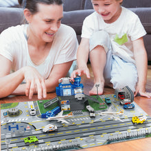 Load image into Gallery viewer, Interactive Aircraft Play Set for Kids with Big Battle Map Trucks aircraft tower and you get 2 airliners, 1 helicopter, aircraft trailer, aircraft lift, luggage truck, sports car, police car, ambulance and fire truck Military Toys for 3+