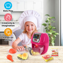 Load image into Gallery viewer, Pink Air Fryer Toy Pretend Play Toys Cooking Machine Role Play Set with plates play food accessories food serving tongs