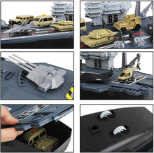 Load image into Gallery viewer, Model Ship Aircraft Carrier with Small Scale Model Planes, Trucks, Helicopter, Tank, Submarine, Battle Shops & Action Figures Included