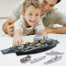 Load image into Gallery viewer, Model Ship Aircraft Carrier with Small Scale Model Planes, Trucks, Helicopter, Tank, Submarine, Battle Shops & Action Figures Included