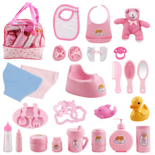 Load image into Gallery viewer, 28 Piece Baby Doll Accessories Bag Baby Feeding Accessories Clothes Doll Bear Bath Toys Soother Dummy Great Nurturing Pretend Toy for Kids