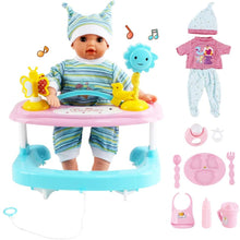 Load image into Gallery viewer, 14" 11 Piece Baby Doll and Push along Walker Play Set with Removable Clothes 12 Sounds Light Functions Kids Toys Prefect Christmas Gift