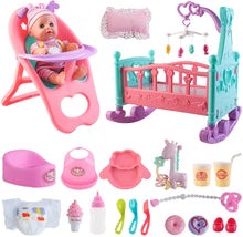 Load image into Gallery viewer, My First Baby Doll 15 Pieces Play Set with Miniature Crib Mobile High Chair Baby Doll Kids Toys Prefect Christmas Gift