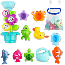 Load image into Gallery viewer, Kids Bathtime Fun Flower Sprinkler Toy with Watering Can Waterwheel Colored Stacking Cups Wind-Up Animal Bath Toys Mesh Bath Toy Storage Bag