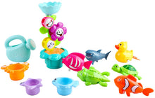 Load image into Gallery viewer, Kids Bathtime Fun Flower Sprinkler Toy with Watering Can Waterwheel Colored Stacking Cups Wind-Up Animal Bath Toys Mesh Bath Toy Storage Bag