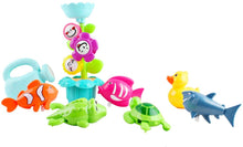 Load image into Gallery viewer, Kids Bathtime Fun Flower Sprinkler Toy with Watering Can Waterwheel Colored Stacking Cups Wind-Up Animal Bath Toys Mesh Bath Toy Storage Bag
