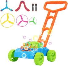Load image into Gallery viewer, 2-in-1 Super Bubble Push along Lawnmower Toy Machine Boomerangs and UFO Flyers for Indoor and Outdoor Use–Great Christmas Gift for Kids