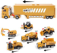 Load image into Gallery viewer, Construction Truck Set with Cargo Truck with Bulldozer, Tractor, Forklift, Mixer, Excavator, Crane and Dumper- Great Gift