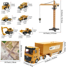 Load image into Gallery viewer, Construction Truck Set with Cargo Truck with Bulldozer, Tractor, Forklift, Mixer, Excavator, Crane and Dumper- Great Gift