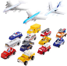 Load image into Gallery viewer, Deluxe 55-Piece Kids Commercial Airport Play Set in Storage Bucket with Toy Airplanes, Play Vehicles, Police Figures, and Accessories